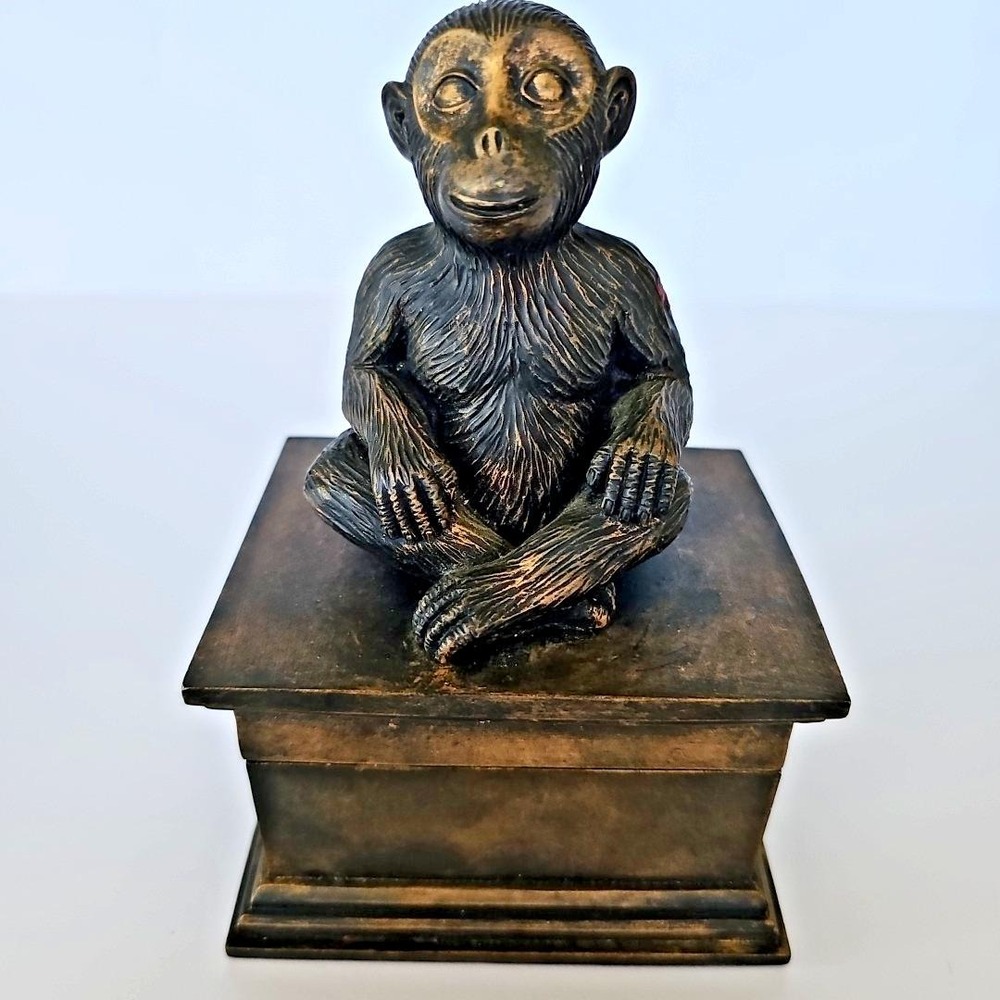 Sitting Monkey Bronze Painted Resin Keepsake Trinket Jewelry Box Vintage 1765
